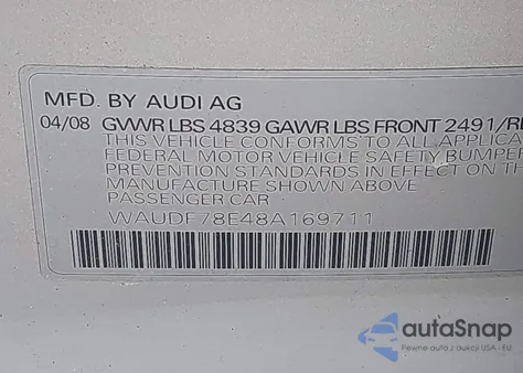2008 Audi A4 2.0T/2.0T Special Edition z USA, uszkodzony, nr VIN WAUDF78E48A169711